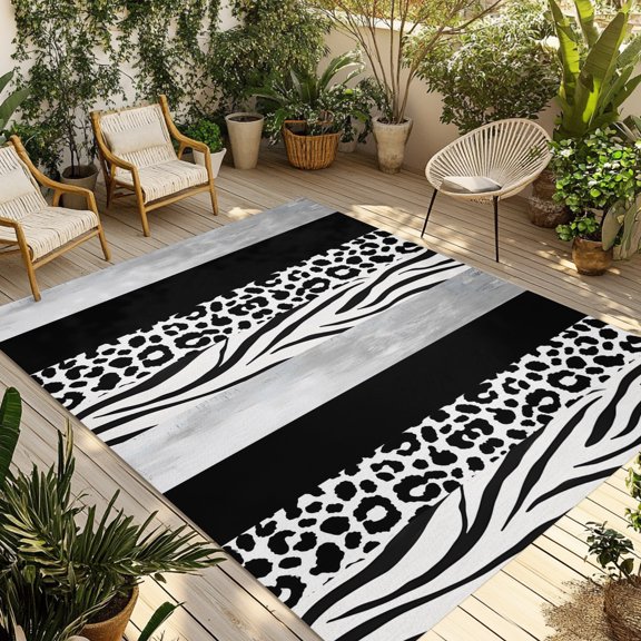 Black Western Outdoor Rug, Tiger and Leopard Print Vertical Stripes Non-Slip Area Rugs Carpet Breathable Large Floor Mat for Outdoors Patio Porch Deck Beach 4’ x 6’