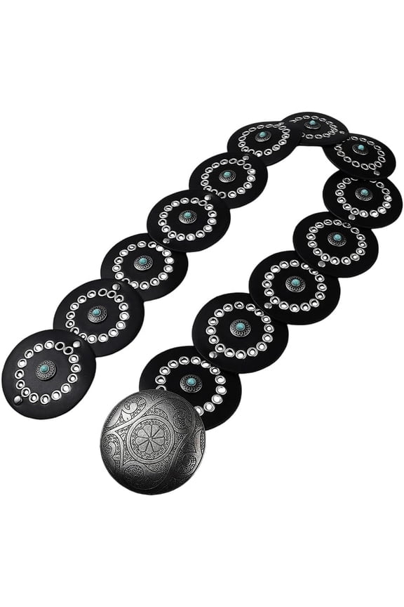 Black Western Pu Leather Belt Wide Vintage Boho Hollow Oval Cowboy Disc Fashion Waist Chain Belts with Alloy Buckles for DIY