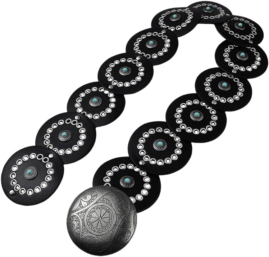 Black Western Pu Leather Belt Wide Vintage Boho Hollow Oval  display picture 1