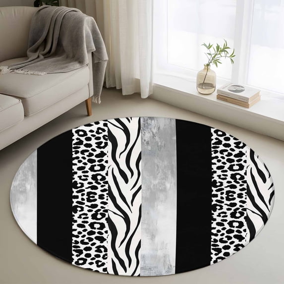 Black Western Round Living Room Rugs 3.3 ft, Tiger and Leopard Print Vertical Stripes Washable Area Rug with Non-Slip Sturdy Edge Binding Round Front Door Mat Floor Carpet for Entryway