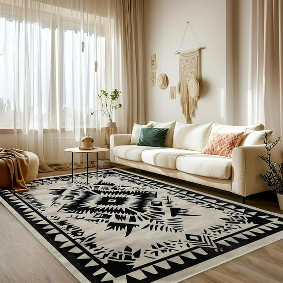 Black Western Rug For Living Room Indoor Machine Washable Southwest Rugs For Bedroom Ultra Soft Dining Room Large Boho Carpet Non-Slip Non-Shedding For Home Office 3x5ft
