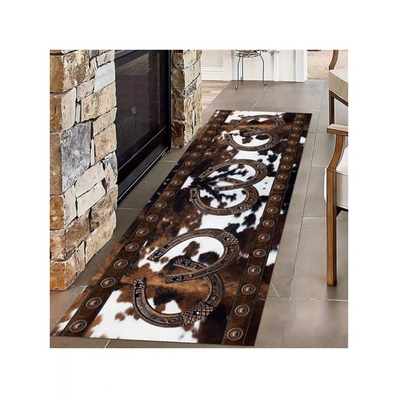 Black Western Runner Mat - Rustic Horseshoe & Cowhide Print Non-Slip Machine Washable 100% Polyester Hallway Rug For Entryway, Kitchen, Bedroom