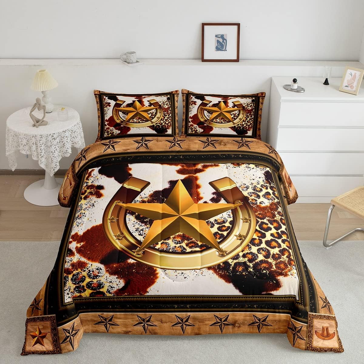 Black Western Texas Star Comforter Set UShaped Horseshoe Cowhide