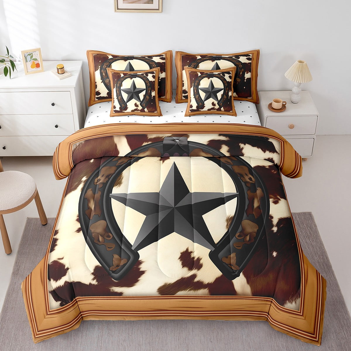 Black Western Texas Star King Bed in a Bag American Horseshoe Cowhide ...