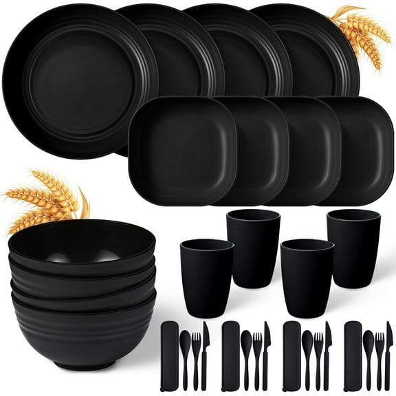 Black Plates and Bowls Sets,Wheat Straw Dinnerware Sets for 4 People,Unbreakable Dish Set (32 PCS