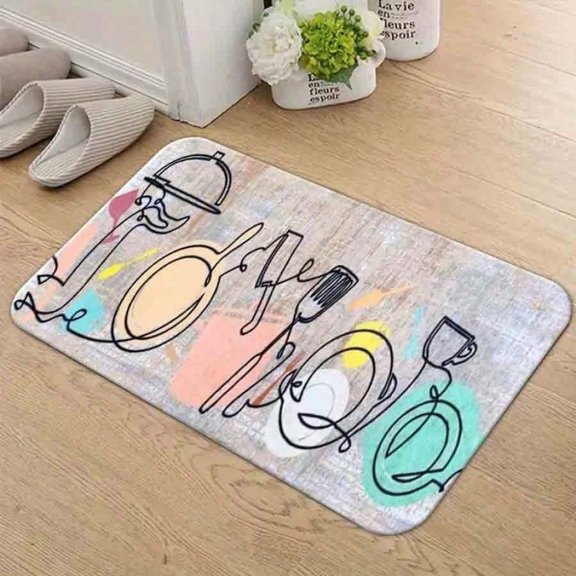 Black Whimsical Continuous Line Drawing Kitchen Utensils Area Rug, Textured Background With Colorful Paint Splatter, Non-Slip Flannel Mat