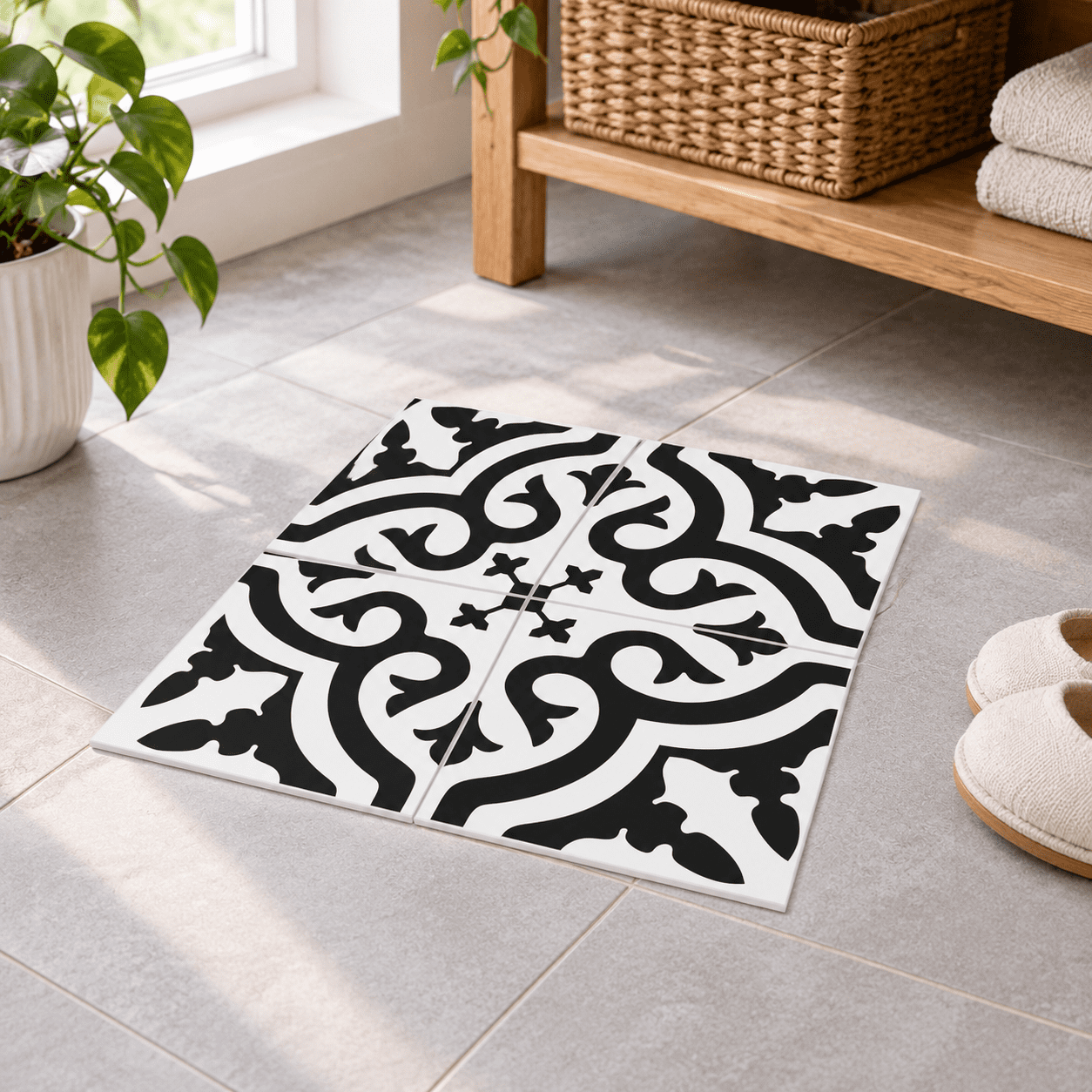 Black/White 12x12 Inch Encaustic Peel and Stick Wall Tile Stickers, 10 ...