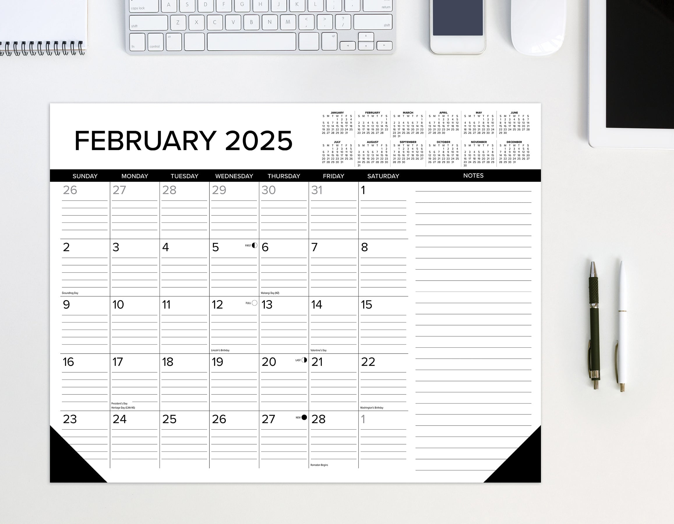 Large Black and White 2025 Monthly Desk Calendar Pad
