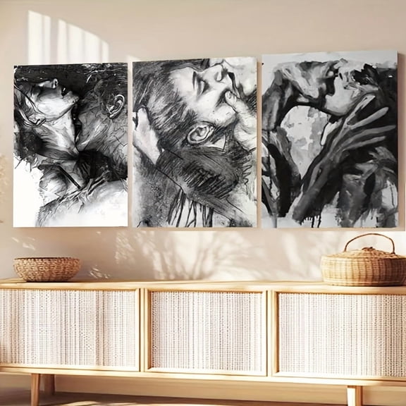 Black and White 2D Flat, 3pcs HD Decorative Canvas Art, 2D Frameless Wall Art Set of 3, Abstract Couple Kiss Painting, Passionate Lovers Wall Art, Modern Emotional Portrait for Living Room, Bedroom