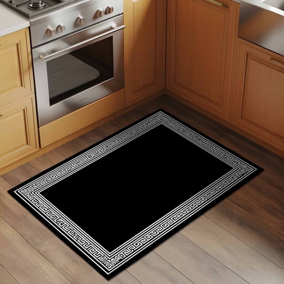 Black White 2x3 Rug for Entryway Front Door Kitchen Sink Area, Geometric Greek Key Bordered Abstract Art Low Pile Washable Non Slip Rectangle Area Rug