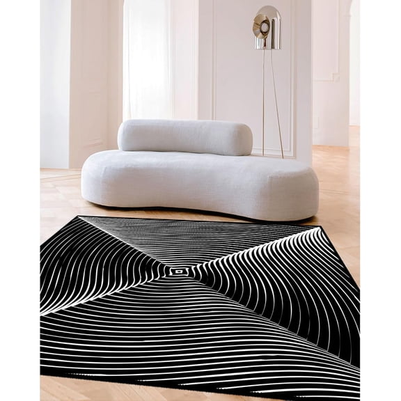Black White 3D Illusion Lines Area Rug Optical Illusion Machine Washable Print Thin Rug Low Pile Lightweight Non Slip Carpet, Easy Cleaning Bedroom Living Room Dining Accent Rug 2x3ft
