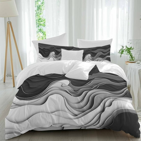 Black White 4 Piece Duvet Cover Set Twin Size Gradient Ocean Wave Geometric Abstract Modern Soft Bedding Set Comforter Cover, 1 Duvet Cover 1 Flat Sheets and 2 Pillowcases