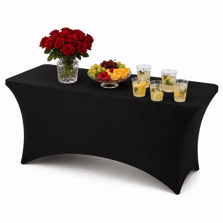 Black 6FT Fitted Spandex Tablecloth, Waterproof Wrinkle Free Washable Elastic Table Cover for 6 Foot Rectangle Folding Tables, Stretch Rectangular Table Cloth for Wedding, Banquet, Party