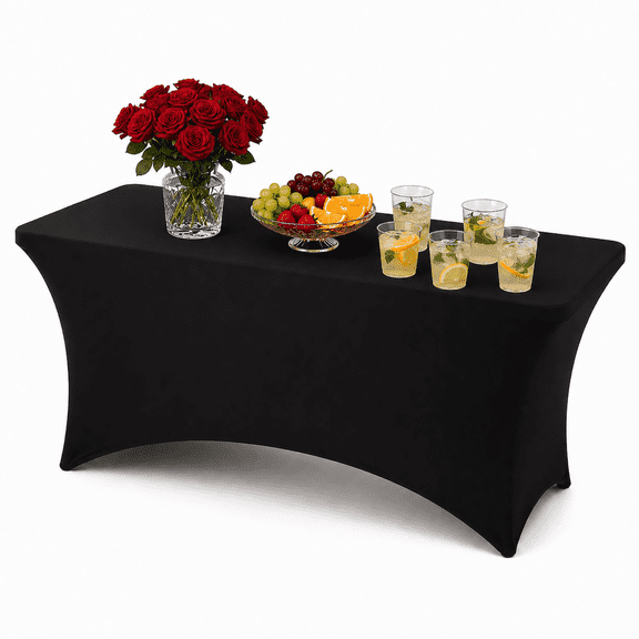 Black 6FT Fitted Spandex Tablecloth, Waterproof Wrinkle Free Washable Elastic Table Cover for 6 Foot Rectangle Folding Tables, Stretch Rectangular Table Cloth for Wedding, Banquet, Party