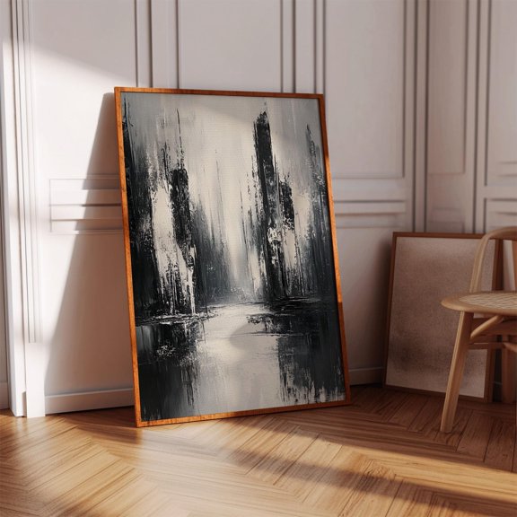 Black And White Abstract Cityscape, Modern Vertical Brushstroke Skyline With Textured Paint And Reflective Water Effect, Wall Decor, Home Decor, Art Print, Unfreamed 8x12