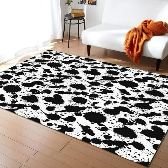 Black White Abstract Dot Splash Ink Painting Area Rug, Cow Texture Rugs Floor Carpet, Indoor Non-Slip Rug For Room Sofa Living Room Mat Bedroom Home Decor Floor Mats 4 x 5ft