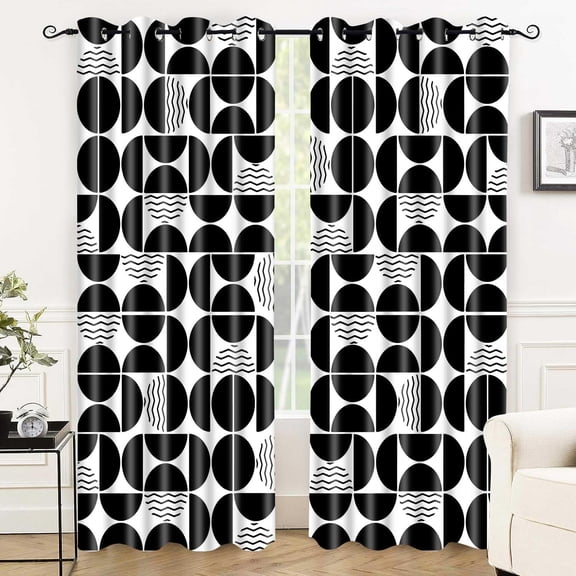 Black White Abstract Living Room Curtains, Mid Century Boho Geometric Modern Curtain Circle Patterned Farmhouse Retro Grommet Drapes for Bedroom Dining Room 26"W x 54"L (Pack of 2)