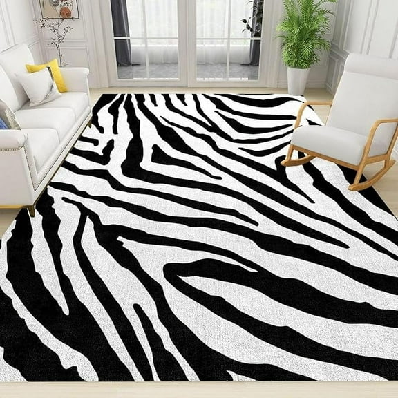 Black And White Abstract Stripes Area Rug, Zebra Pattern Geometric Lines Indoor Rugs, With Anti-Slip Backing Washable Large Carpet For Living Room Bedroom Study Dining Room 3 x 5ft