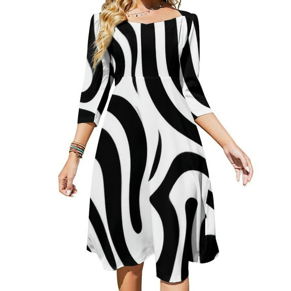Black White Abstract Swirling Pattern Women's 3/4 Sleeve Dresses Elegant A-Line Midi Dress Flare Summer Casual Sundress