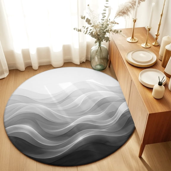 Black White Abstract Waves Round Area Rug 3ft,Living Room Rug Non-Slip Washable Circle Rugs Pad,Flowing Lines Soft Floor Carpet for Bedroom Dining Room