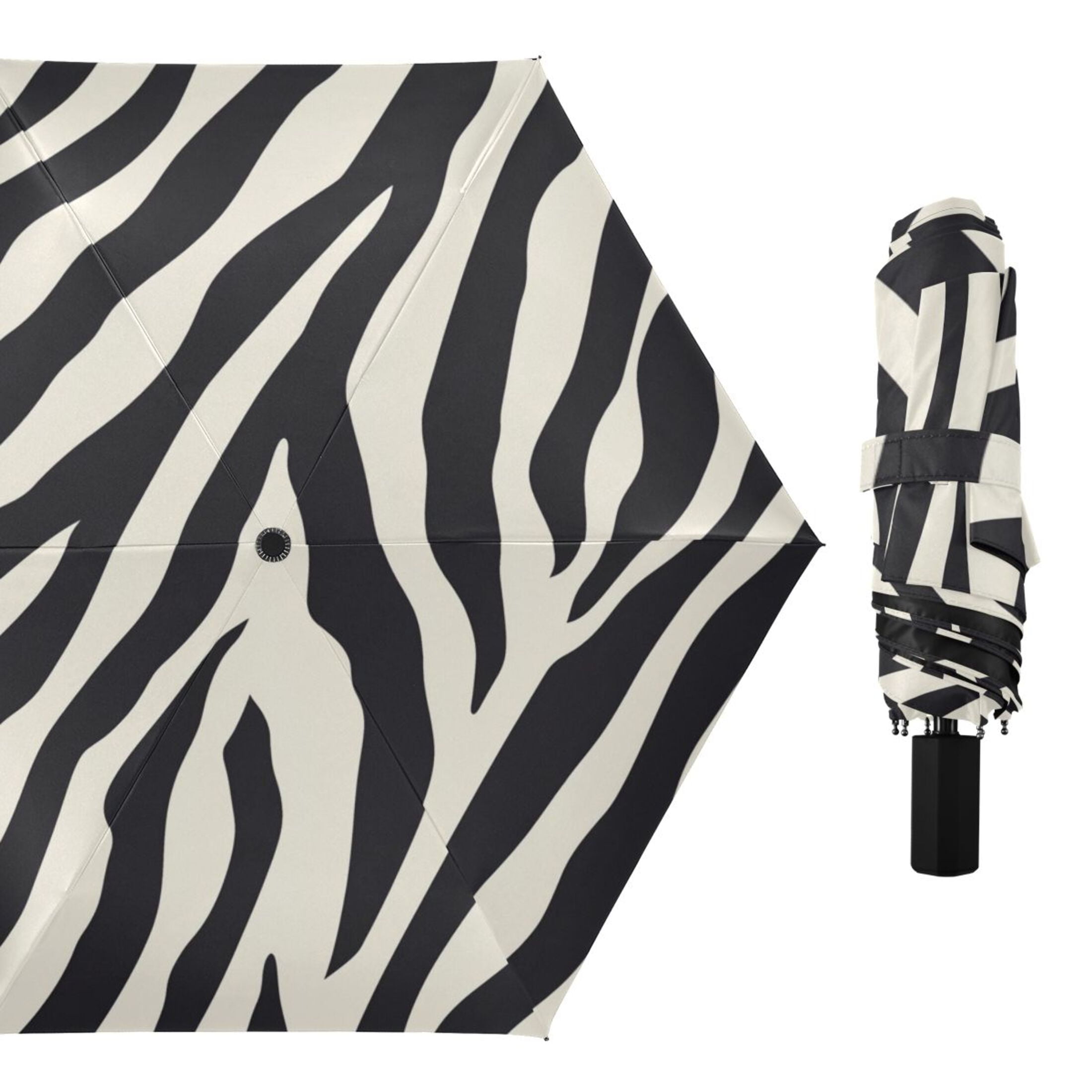 Black White Abstract Zebras Pattern All Weather Umbrella Triple Folding Parasol 6 Ribs UV Protection Portable