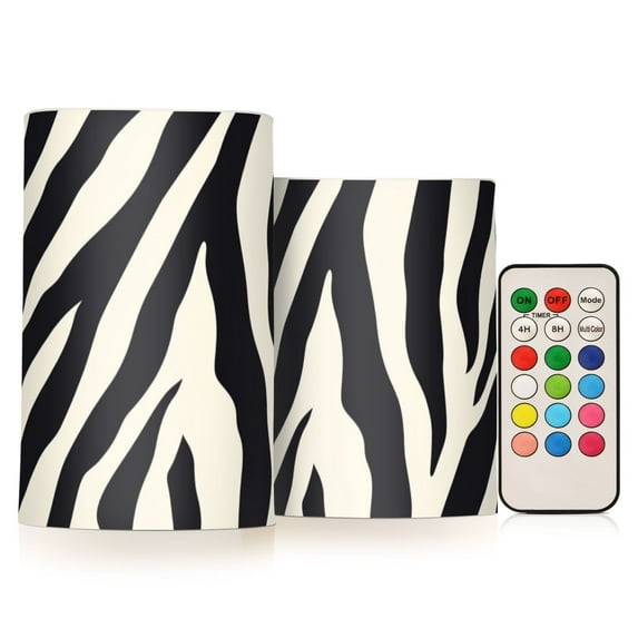 Black White Abstract Zebras Pattern Flickering Flameless Candles LED Tealight Battery Operated with Remote Set of 2 Holiday Decor Ornaments