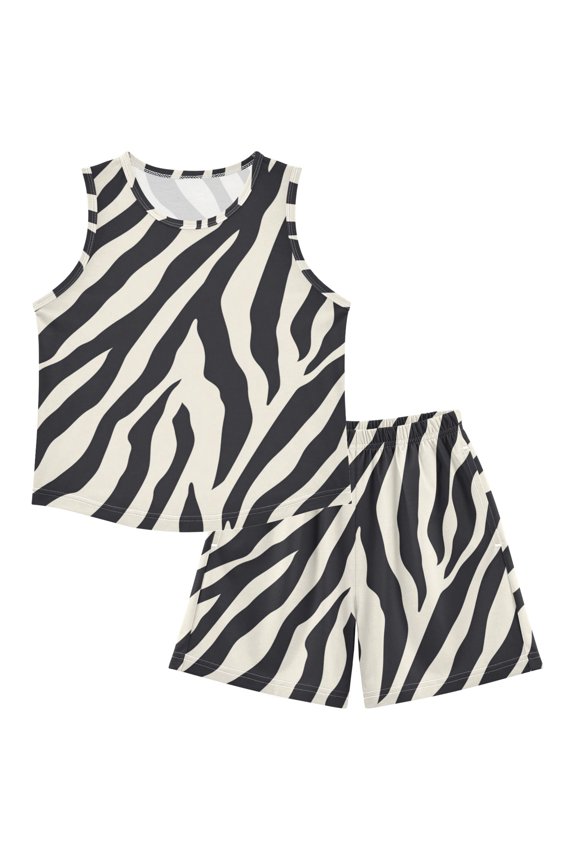Black White Abstract Zebras Pattern Pajamas Set Sleeveless Sleepwear Tank Tops with Shorts Loose Fit Lounge Wear Unisex 4Y