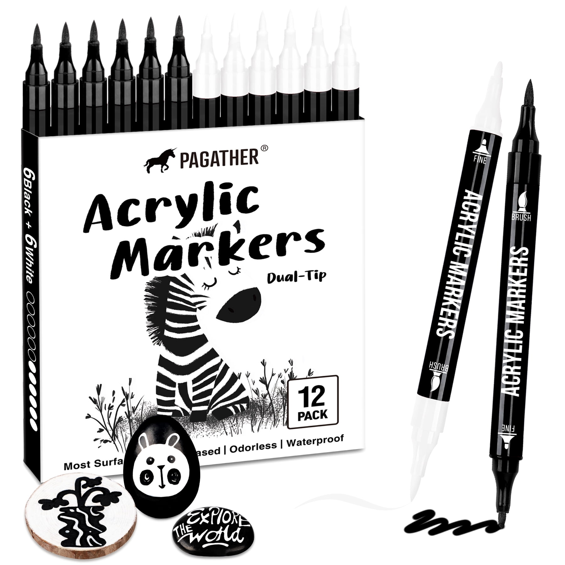 Black and White Acrylic Paint Markers, 12 Pack Dual Tip with Fine Tip and Brush Tip Pens for Stone, Wood, Calligraphy, Canvas, Ceramic, Metal, Glass, Rock Painting, DIY Crafts