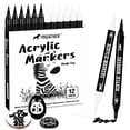 thumbnail image 1 of Black and White Acrylic Paint Markers, 12 Pack Dual Tip with Fine Tip and Brush Tip Pens for Stone, Wood, Calligraphy, Canvas, Ceramic, Metal, Glass, Rock Painting, DIY Crafts, 1 of 8