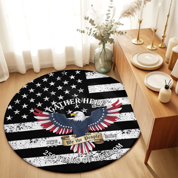 Black White American Flag Round Area Rug 3ft,Living Room Rug Non-Slip Washable Circle Rugs Pad,July 4th Patriotic Eagle Star Stripe Soft Floor Carpet for Bedroom Dining Room