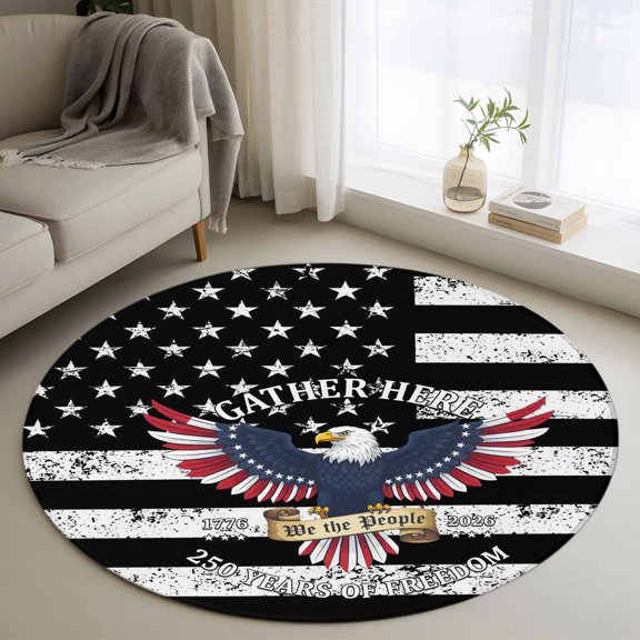 Black White American Flag Round Rug 3ft July 4th Patriotic Eagle Star Stripe Washable Area Rugs for Living Room Bedroom Entryway Non Slip Entrance Door Mat Indoor Floor Carpet