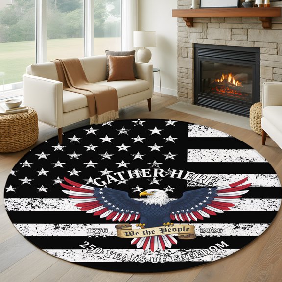 Black White American Flag Round Rug 5ft July 4th Patriotic Eagle Star Stripe Washable Area Rugs for Living Room Bedroom Entryway Non Slip Entrance Door Mat Indoor Floor Carpet