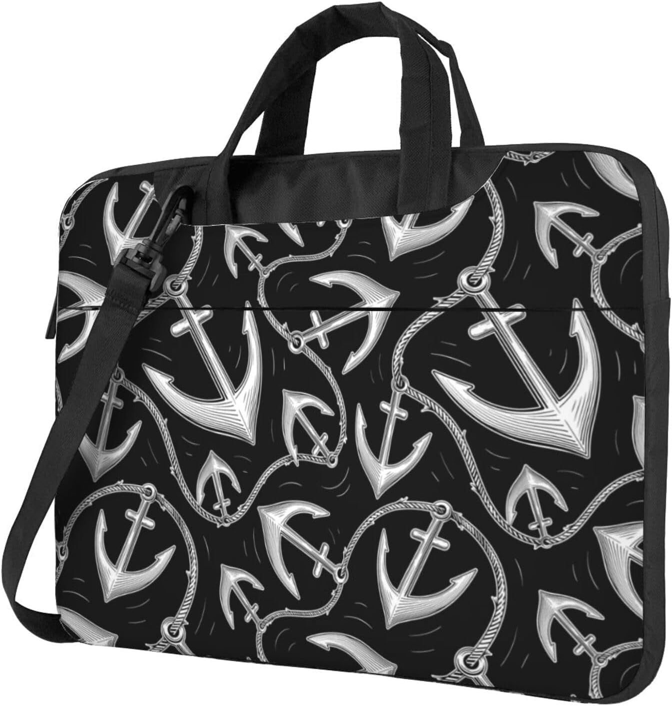 White and Black Printed Cotton Laptop Bag with Adjustable Shoulder Belt
