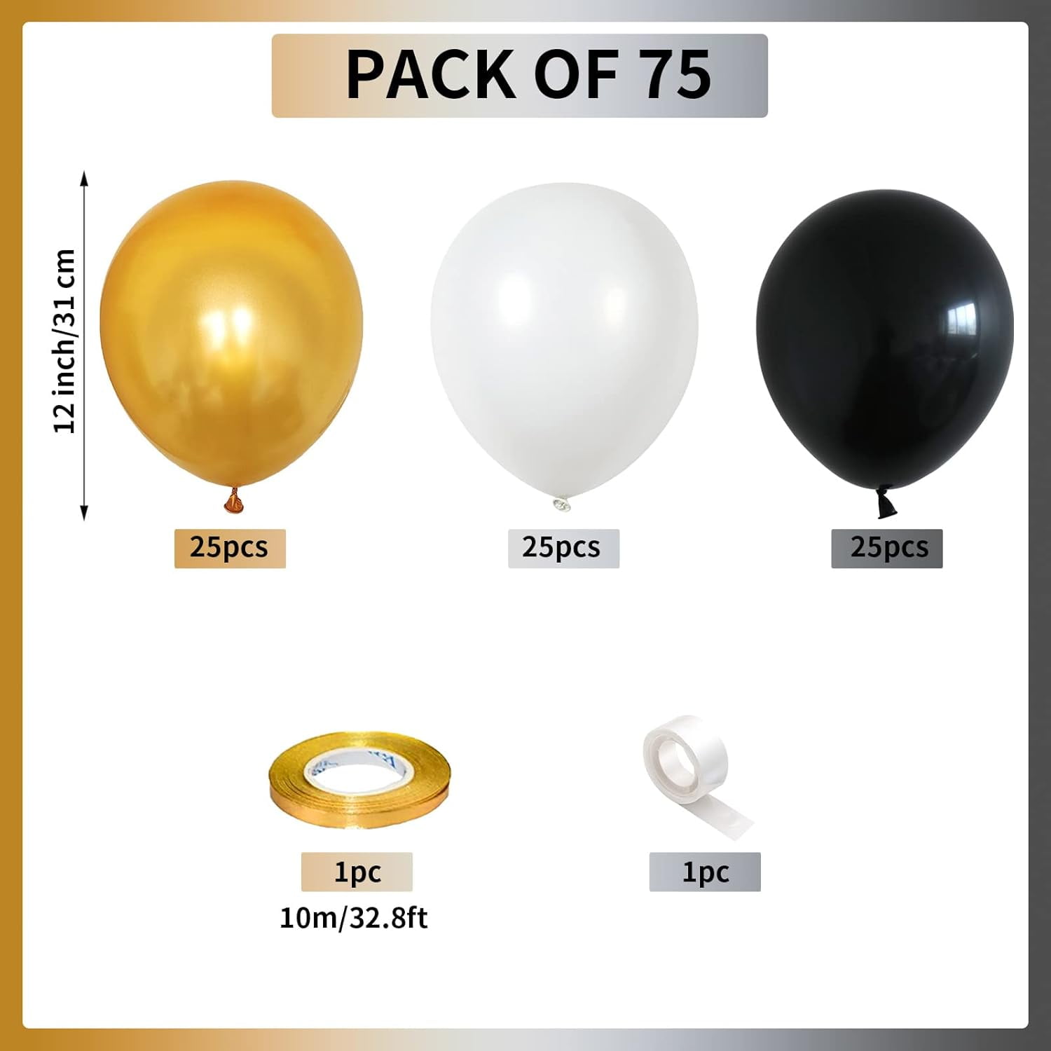 Black White And Gold Balloons, 75 Pack Matte Black Pearl Gold And White ...