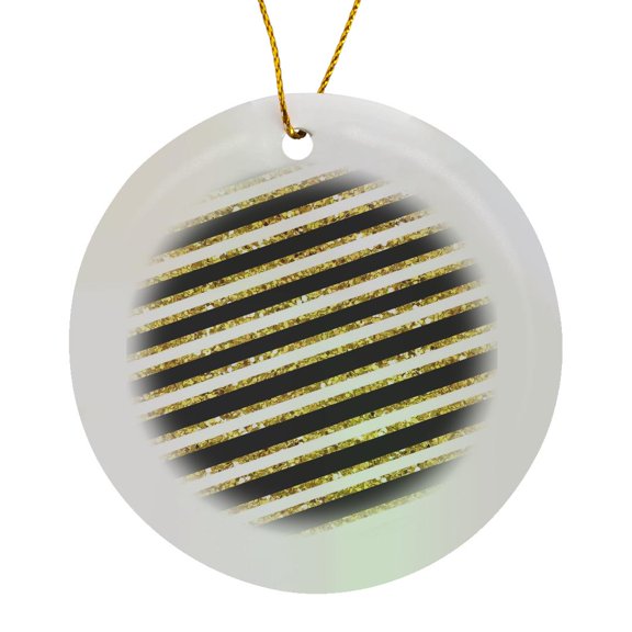 3drose, Black White and Gold Diagonal Glitz Stripes, Circle Porcelain Ornament
