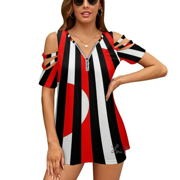 Black White And Red All Over! Womens Summer V Neck Zipper Top Short Sleeve T Shirt Off Shoulder Top Casual Classy Loose Shirts