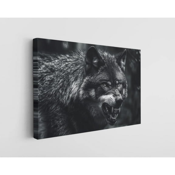 Black and White Angry Wolf Canvas Wall Art - High-Quality Wildlife Photography Print - Handcrafted Rustic Decor - Modern Wall Art - Gift for Home or Office