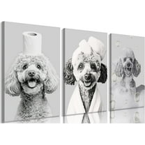 Black And White Animal Bathroom Wall Art Funny Dog Painting Picture Wall Decor Teddy With Bath And Overhead Toilet Paper Rolls Poster Print Artwork For Bedroom Bathroom Hotel Unframed