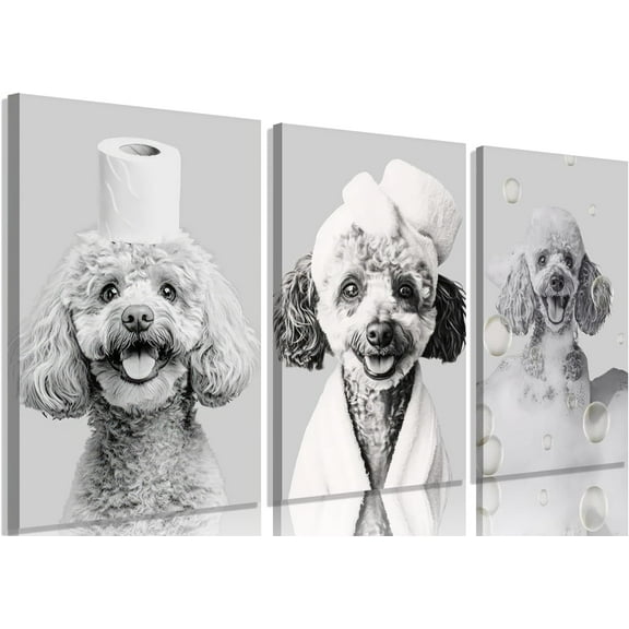 Black And White Animal Bathroom Wall Art Funny Dog Painting Picture Wall Decor Teddy With Bath And Overhead Toilet Paper Rolls Poster Print Artwork For Bedroom Bathroom Hotel Unframed