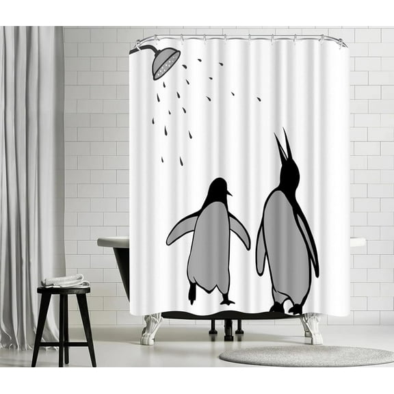 Black and White Animal Shower Curtain Abstract Silhouette Penguin Polar Birds Bath Curtain Funny Fabric Curtain for Kids Bathroom Decor Hooks Included 72"×72"