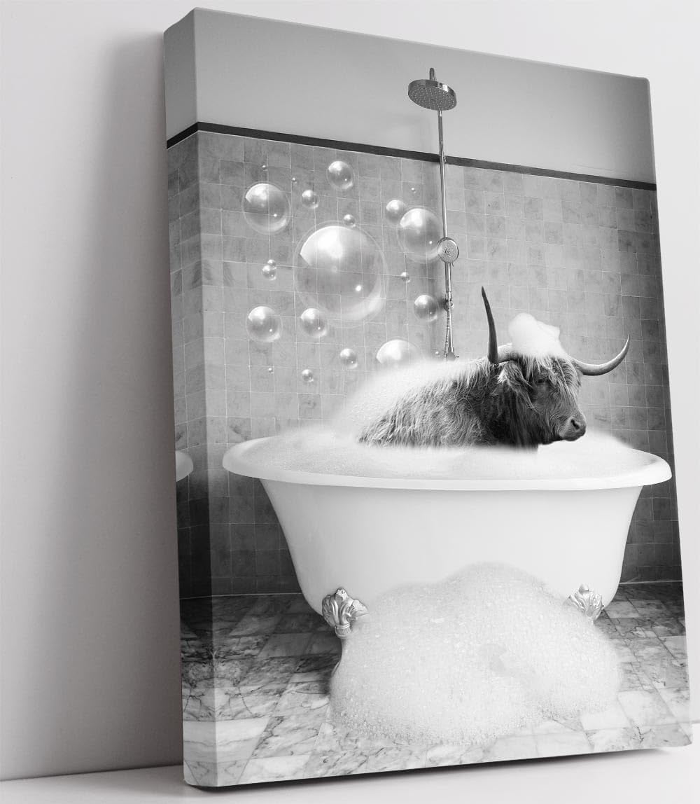 Black White Animal in Bathtub Wall Art Decor Highland Cow Canvas Print