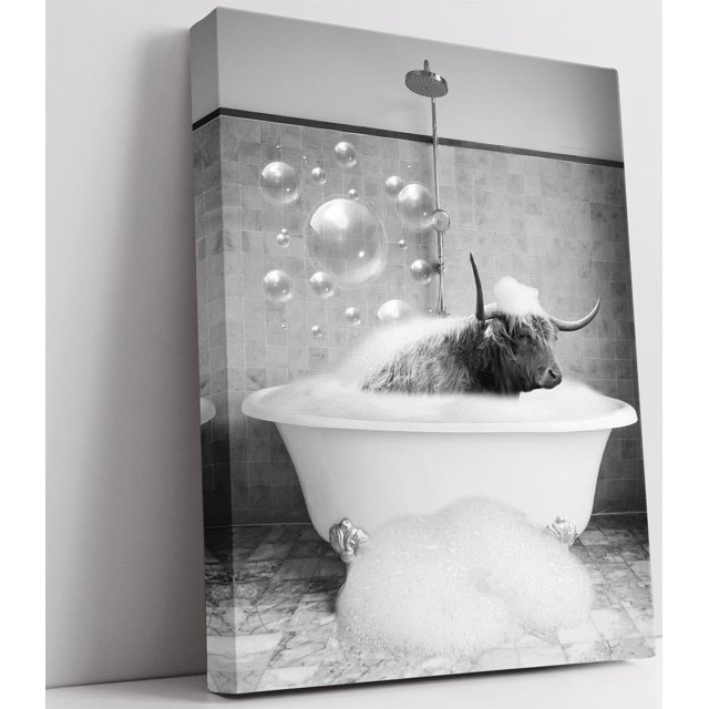 Black White Animal in Bathtub Wall Art Decor Highland Cow Canvas Print