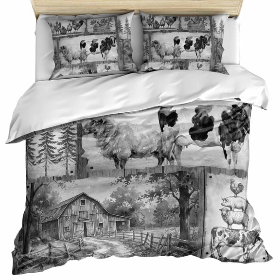 Black White Animals Bedding 3 Piece Duvet Cover Set Queen Size, Cow Rooster Trees Vintage Art Soft Microfiber Comforter Cover with Zipper Closure & Pillowcases, Wrinkle & FadeResistant Quilt Cover
