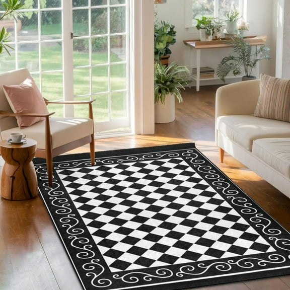 Black and White Area Rug 5x7ft Diamond Swirl Border Mat Modern Non Slip Carpet Handcrafted Art Accent Carpet Monochrome Washable Runner Rug for Home Decor Classroom Carpet