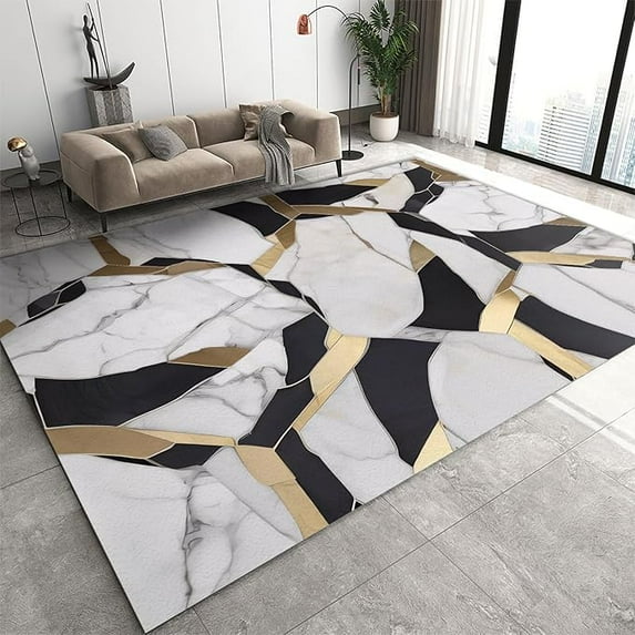 Black And White Area Rug, Black And Gold Geometry Rugs For Living Room, With Non-Slip Backing Modern Marble Large Carpet For Living Room Bedroom Dining Room 3' x 4'