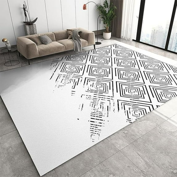 Black White Area Rugs, Distressed Abstract Geometric Indoor Non-Slip Bedroom Rug, Machine Washable Living Room Carpet For Dining Room Kitchen Office Apartment Hallway 4 x 5ft