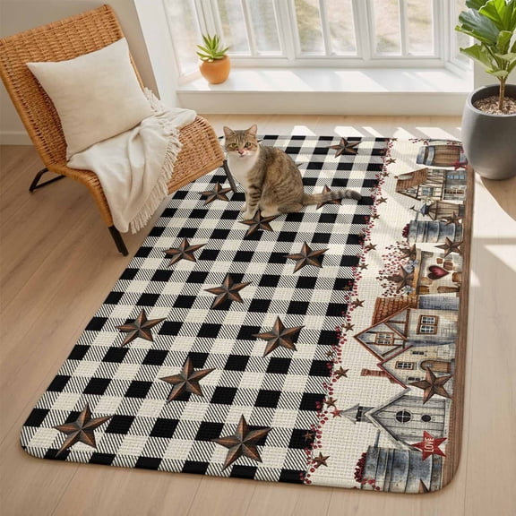 Black White Area Rugs for Living Room 5x7, Buffalo Plaid Country Star Barn Barrel Farmhouse Washable Area Rug with Non Slip Backing, Stain Resist Carpet for Bedroom, Dining Room, Entryway, Entrance