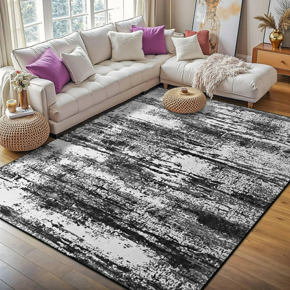 Black White Area Rugs For Living Room, Large Abstract Modern Washable Rug For Bedroom Playroom, Boho Vintage Rugs For Dining Room Office Study Non Slip Carpet, Soft Low Pile Rugs 4x5ft