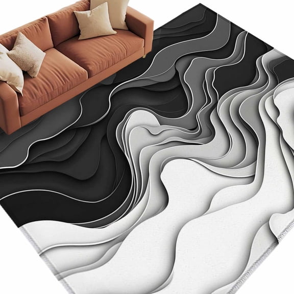 Black White Area Rug 5x7ft Gradient Ocean Wave Geometric Abstract Modern Non-Slip Washable Square Rugs Soft Felt Indoor Floor Mat for Bedroom Kitchen Living Room Bathroom