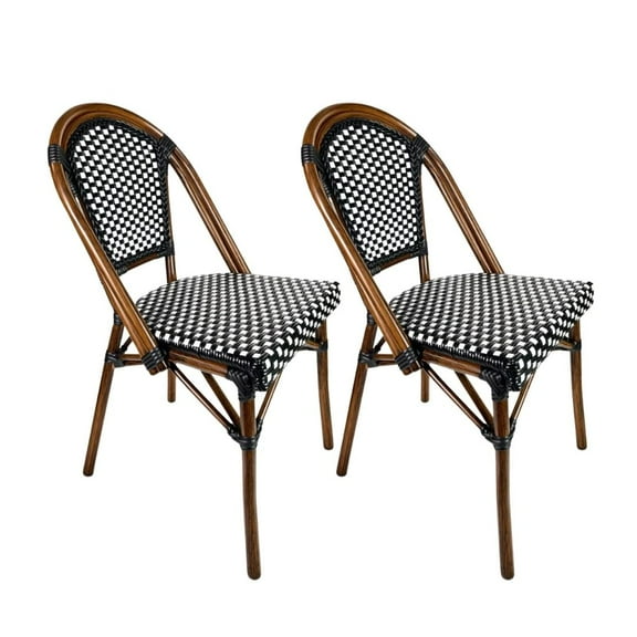 Black & White Armless French Bistro Patio Dining Chair by Chivari, Hand Woven Wicker, Dark Brown Brush Stroke Painted Aluminum Frame Mold Resistant & Rust Proof